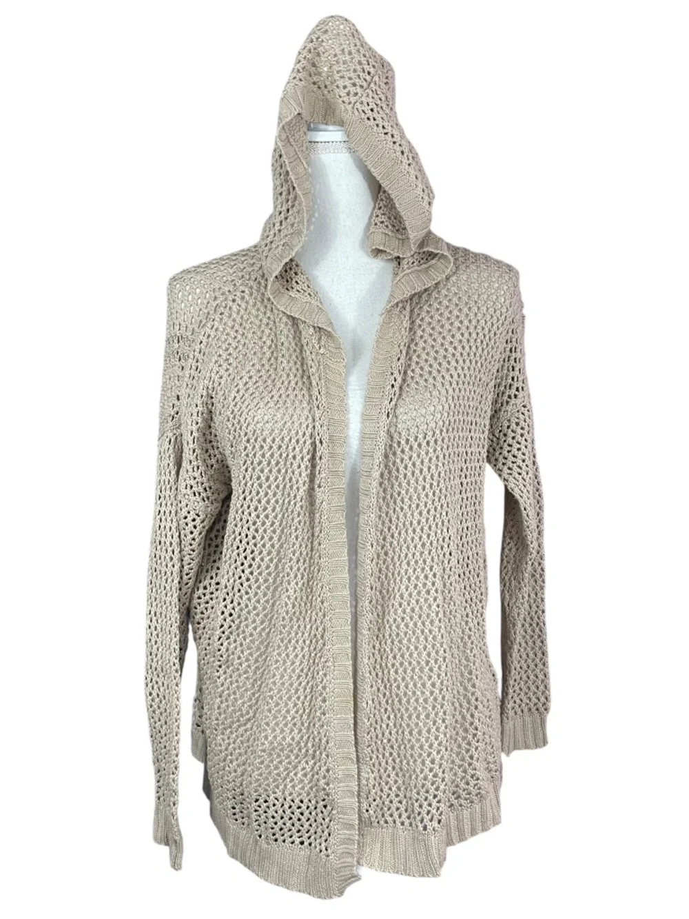 Open Knit Hooded Cardigan S Taupe Lagenlook Boho Bohemian Long Sleeve Open Front